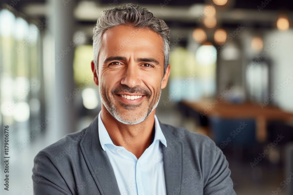 Confident mature businessman smiling in modern office environment