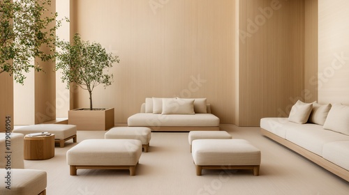 A minimalist, neutral-toned lounge area featuring plush seating, soft textures, and greenery for a calming atmosphere.