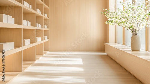 A serene, minimalistic interior featuring wooden shelves, sunlight streaming in, and a vase with greenery, creating a tranquil atmosphere.