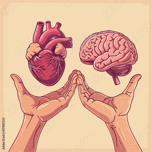Hands holding heart and brain, detailed anatomical style.