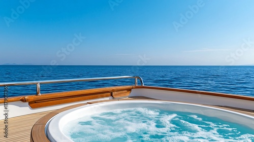 A tranquil view of a hot tub on a yacht, overlooking a vast blue ocean under a clear sky.