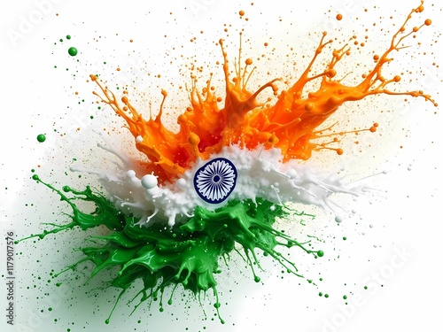 Water forms the Indian tricolor flag on a white canvas, symbolizing pride for Indian Republic Day, generative ai	
