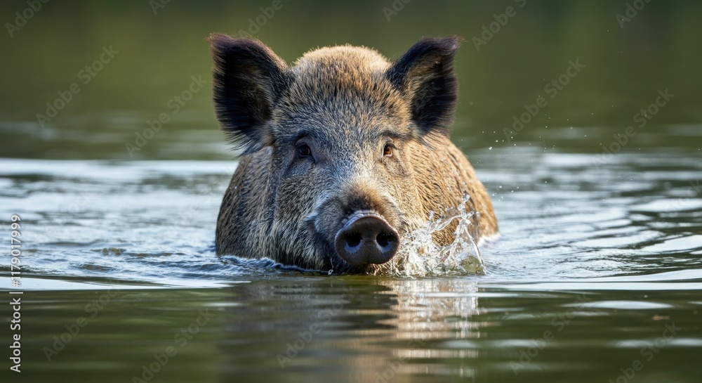 Wild boar swimming gracefully in a serene lake Wild boar swimming gracefully in a serene lake