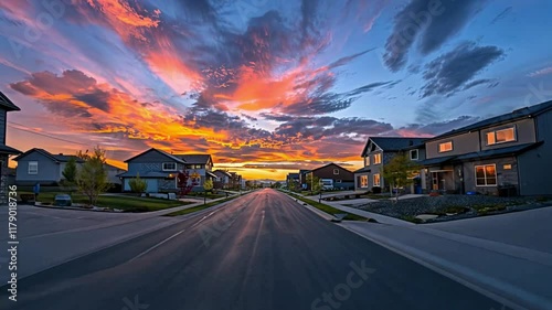 Classic dead-end street in a neighborhood lined with luxury two-story single-family homes under a dramatic and colorful sunset sky