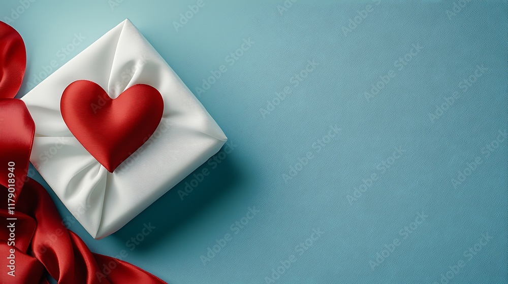 Fototapeta premium A red silk ribbon elegantly curled into the shape of a heart resting atop a pristine white gift box This romantic and sentimental scene evokes feelings of love affection