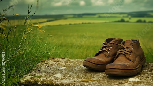 A pair of old shoes sitting on a stone step with a green field stretching out beyond photo