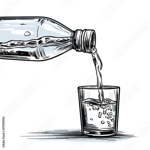 Bottle pouring liquid into a glass, detailed illustration.