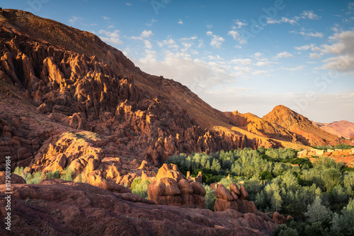 Monkey fingers rock formation, mountain and valley in the desert, Morocco photo