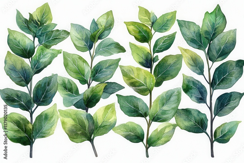 Fototapeta premium A collection of watercolor leaves showcasing various shades of green and leaf shapes.