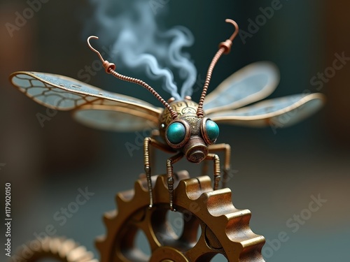 Intricate steampunk insect sculpture perched on a gear with wisps of smoke rising, showcasing a blend of art and technology photo