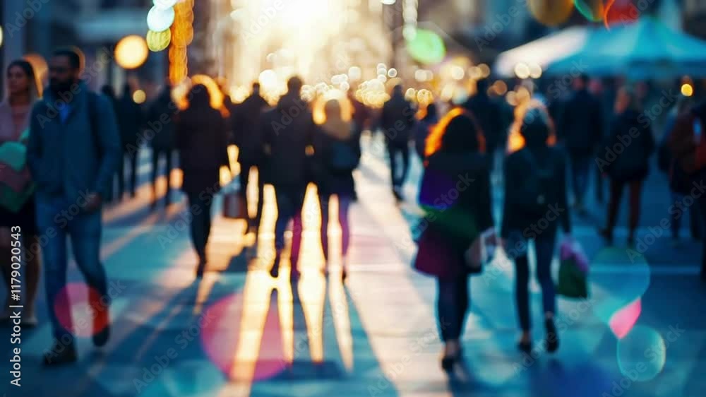 Abstract blurred background of people walking in city with bokeh effect, anonymous crowd in motion on a busy downtown sidewalk Abstract blurred background of people walking in city with bokeh effect, anonymous crowd in motion on a busy downtown sidewalk