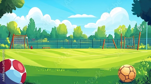 Sunny day at a vibrant outdoor playground with soccer balls and sports equipment.