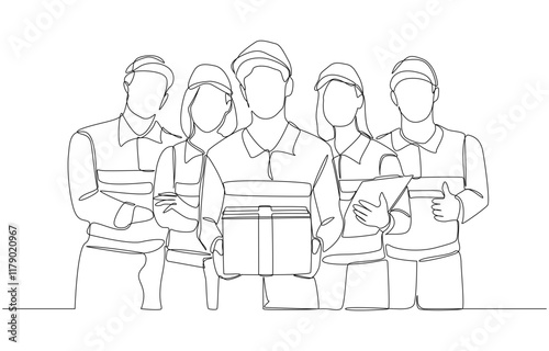 Continuous one line drawing of delivery service staffs standing in confident pose, shipping company, logistics business concept, single line art