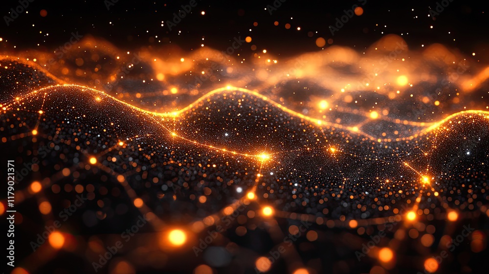 Obraz premium Abstract glowing data network landscape with orange highlights.