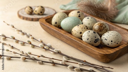 Easter eggs, pastel colors, speckled quail eggs, wooden serving tray, willow branches, rustic setting, soft lighting, muted tones, organic textures, spring decor, minimalist composition, natural mater