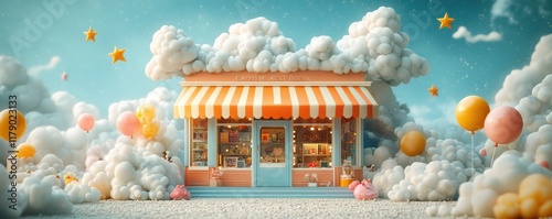Whimsical Cloud Candy Store: A Dreamlike 3D Render of a Pastel Shop Surrounded by Fluffy Clouds and Balloons in a Fantasy Setting