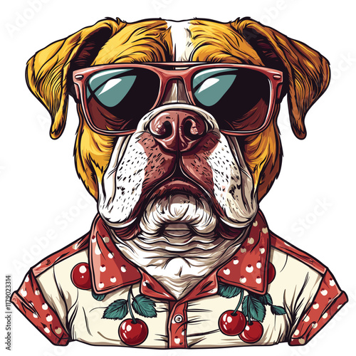 Bulldog with sunglasses and cherry shirt, serious expression.