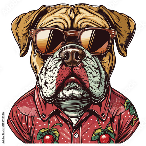Bulldog with sunglasses and cherry shirt, serious expression.