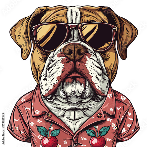 Bulldog with sunglasses and cherry shirt, serious expression.