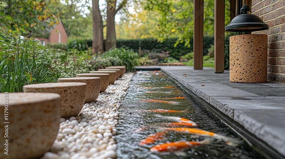 Koi pond with stepping stones in a tranquil garden setting Koi pond with stepping stones in a tranquil garden setting
