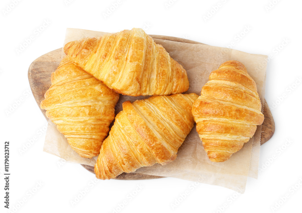 Tasty fresh croissants isolated on white, top view. Puff pastry Tasty fresh croissants isolated on white, top view. Puff pastry