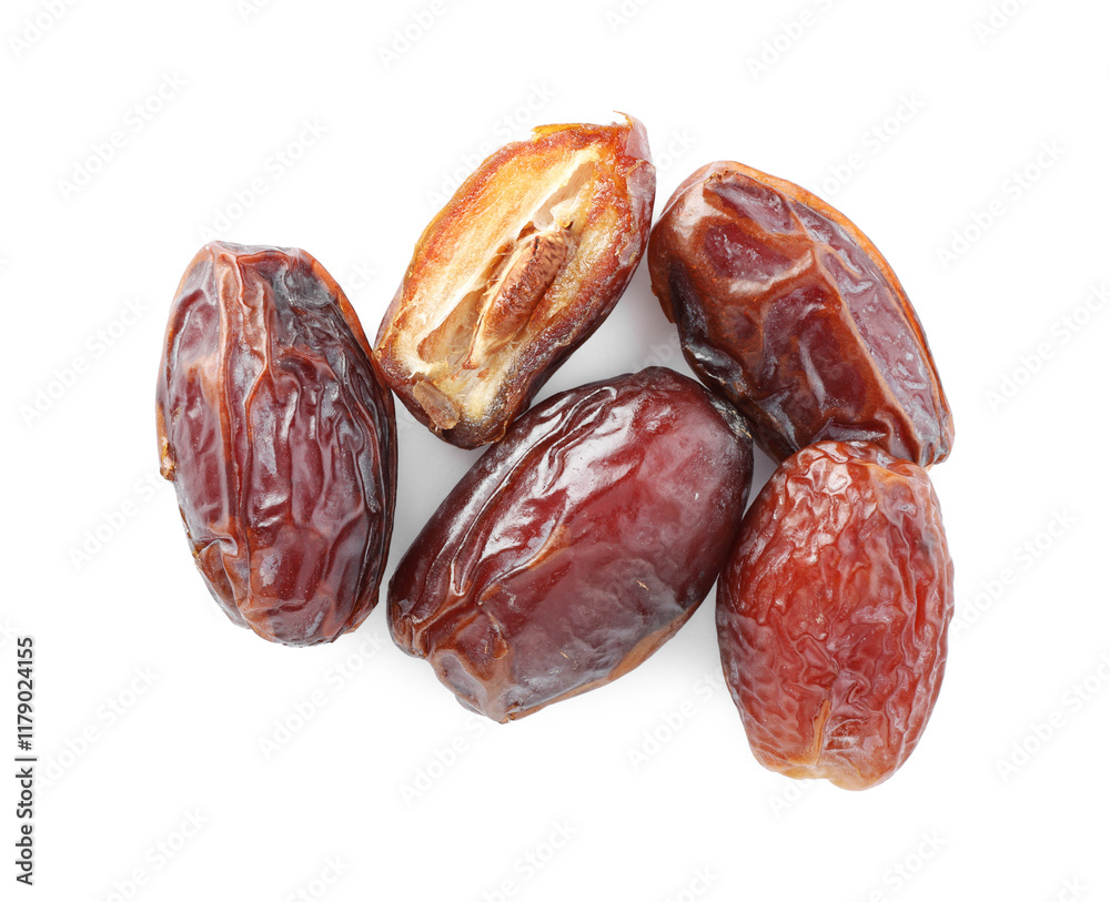 Many tasty dried dates isolated on white, top view Many tasty dried dates isolated on white, top view