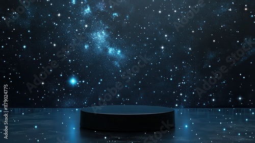 Mockup midnight black podium for product. cosmic background with distant galaxies and sparkling stars photo