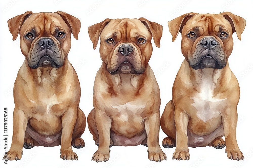 Obraz premium Three seated dogs with similar expressions and colors, showcasing their breed characteristics.