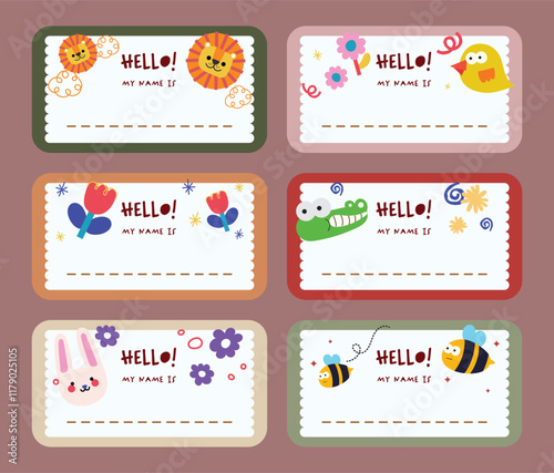 Notebook labels with cute kids icons  subjects, colorful design, template for school book labels, name and class set stickers