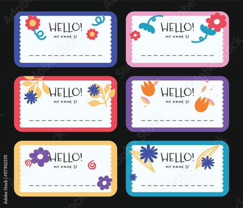 Notebook labels with cute kids icons  subjects, colorful design, template for school book labels, name and class set stickers photo