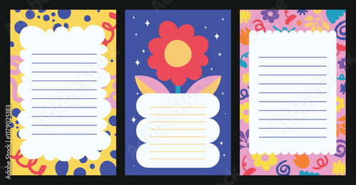 Collection of weekly or daily planner, note paper, to do list templates decorated with cute flat design flower floral illustrations, vintage retro scheduler or organizer