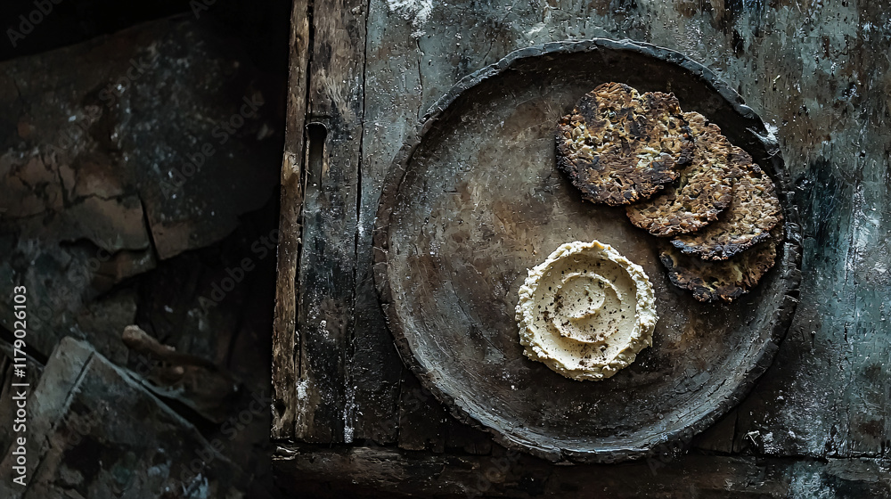 Rustic Flatbread with Creamy Spread, Dark Background Rustic Flatbread with Creamy Spread, Dark Background