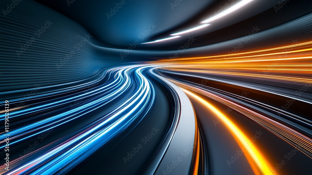 Abstract light trails in a dark tunnel, depicting speed and motion. Abstract light trails in a dark tunnel, depicting speed and motion.