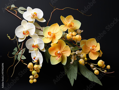 Incredible Fresh flying yellow orchids and leaves isolated on white