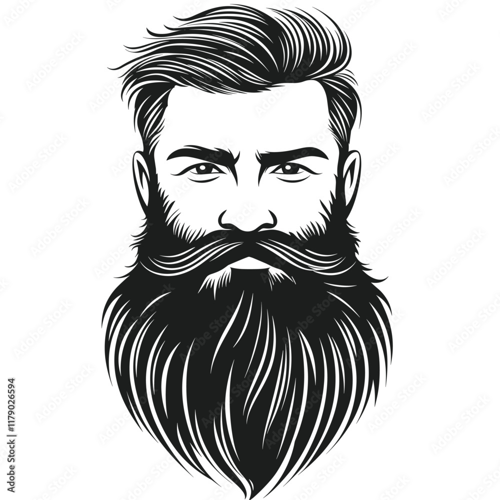 Obraz premium Black and white illustration of a bearded man with slicked-back hair.