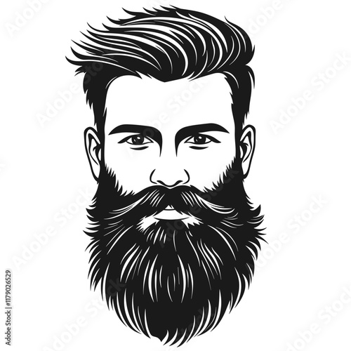 Black and white illustration of a bearded man with slicked-back hair.