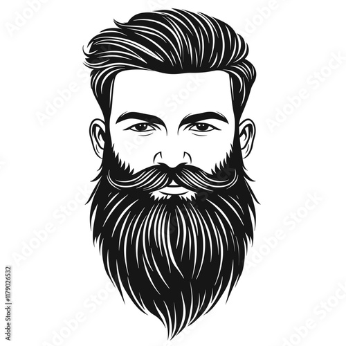 Black and white illustration of a bearded man with slicked-back hair.