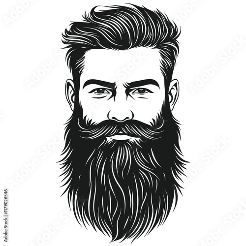 Black and white illustration of a bearded man with slicked-back hair.