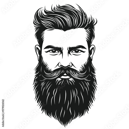 Black and white illustration of a bearded man with slicked-back hair.