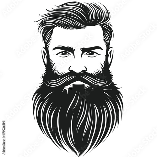 Black and white illustration of a bearded man with slicked-back hair.