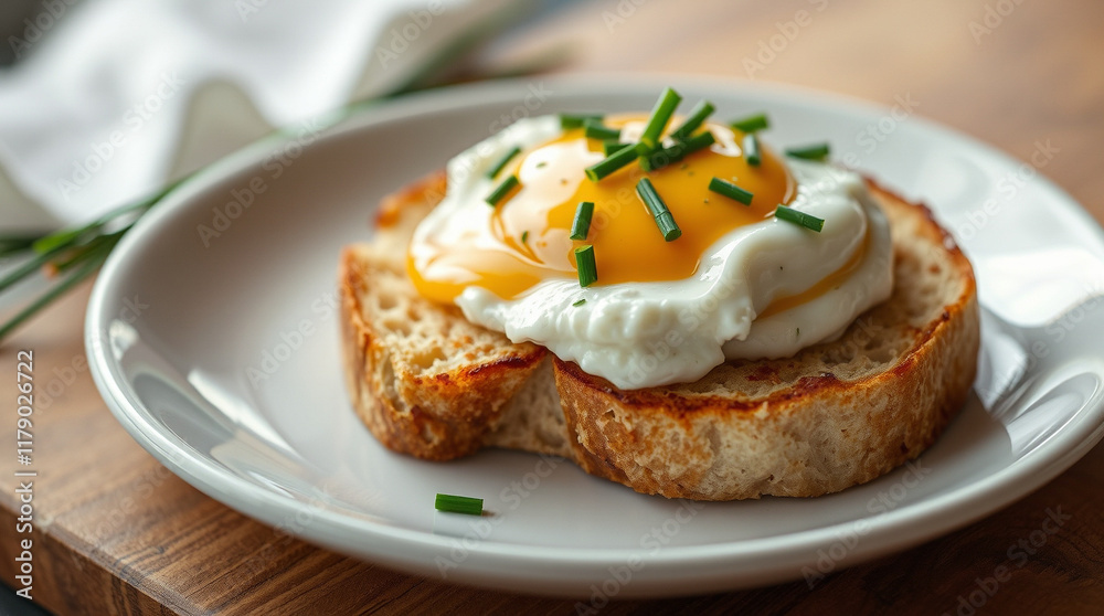 Fried egg on toasted bread, garnished with chives. A simple yet delicious breakfast or brunch option. Fried egg on toasted bread, garnished with chives. A simple yet delicious breakfast or brunch option.