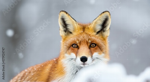 Red fox in snowy winter landscape with alert expression photo