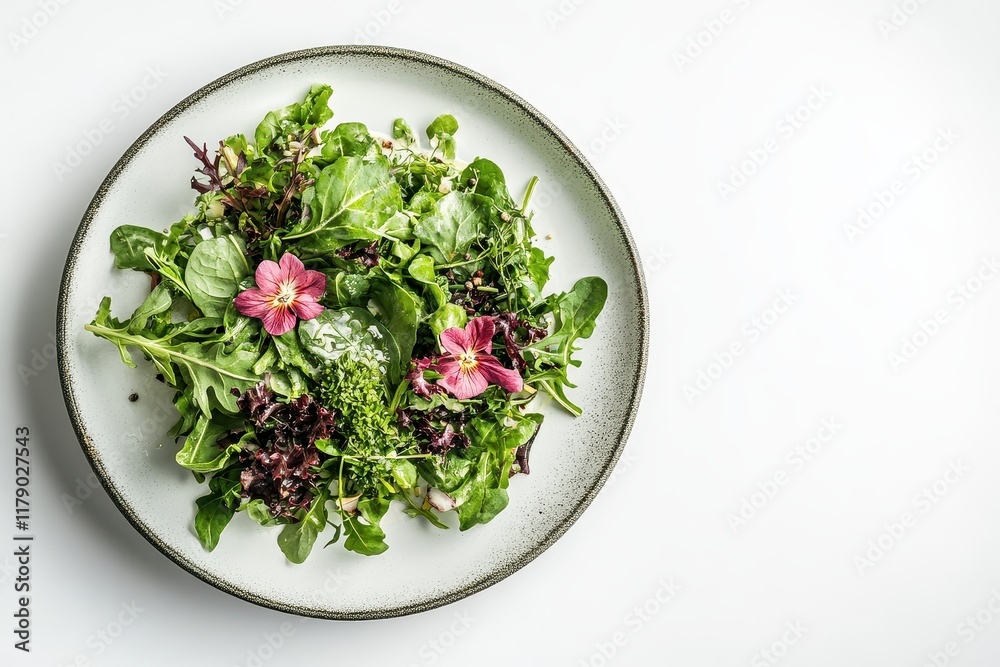 Edible flowers adorn vibrant green salad on plate, white background, healthy food photography Edible flowers adorn vibrant green salad on plate, white background, healthy food photography