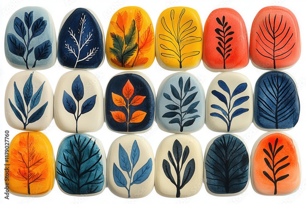 A collection of painted stones featuring various leaf designs in vibrant colors. A collection of painted stones featuring various leaf designs in vibrant colors.