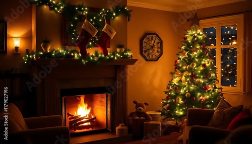 Cozy Christmas Living Room Fireplace And Tree
