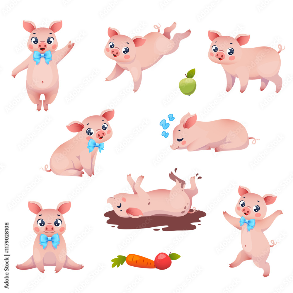 Obraz premium Cute little pink pigs. Cartoon farm animals characters, different actions, poses and emotions, funny kids pet mascot, sticker pack. Domestic mammals, childish creature, vector isolated set