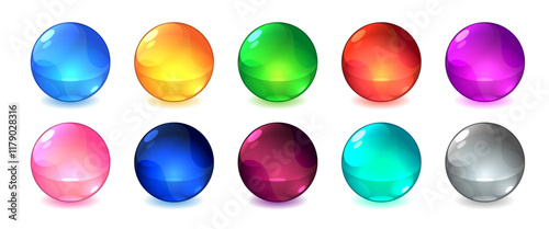 Color marbles. Shiny glossy game asset, multicolored glass balls, transparent colored spheres, cartoon 3d toys, multicolored bubbles shots items, buttons tidy vector realistic isolated set