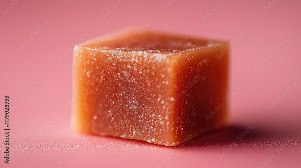 A Close-up of a Single Caramel Candy Cube on a Pink Background: A Delicious and Sweet Treat A Close-up of a Single Caramel Candy Cube on a Pink Background: A Delicious and Sweet Treat