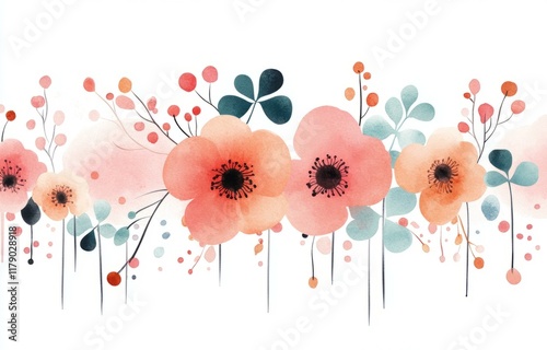 Delicate Watercolor Flowers on Soft White Background Creating a Tranquil and Elegant Floral Composition for Art Lovers