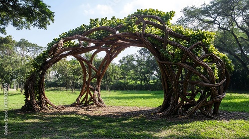 A jungle gym made entirely of intertwined fruit vines like grapes and passionfruit